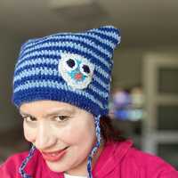 owl blue knitted handmade thick warm yarn wool beanie