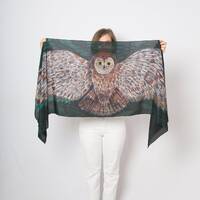 Owl Hand Painted Green Silk Crepe Scarf Bird Wing Shawl Xmas Gift 69X22
