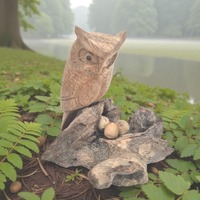 Unusual Hand Carved Owl on Wood  Owl and Eggs Nest Carving Owl Gifts