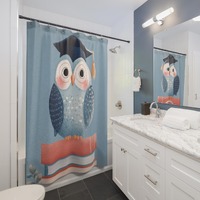 Owl Cap Stack Shower Curtain | Cute Scholar Owl on Books, Gift for Couples, Home Accessories, Cozy V