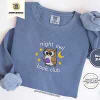 Night Owl Book Club Sweatshirt, Cozy Embroidered Reader Gift, Comfort Colors 1566