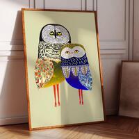 Whimsical Owl Couple Art Print, Unique Home Decor, Illustration