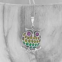 Enamel Owl Pendant, Sterling Silver Necklace with Ruby Eyes