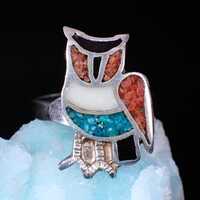 Mosaic Inlay Vintage Artisan Sterling Silver Owl Coral Turquoise Ring Critter Bird
