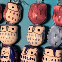 1 Strand of 12 CERAMIC OWL BEADS, Hand-painted Multicolor for Jewelry or Crafts.