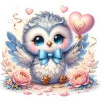 Valentine’s Blue Owl Clipart, Cute Love Owl with Hearts and Flowers, Romantic Blue Bird PNG, V