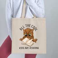 Owl Reading Cotton Tote Bag, Book Lover Gift