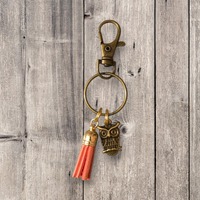 Owl on Branch with Pink Tassel Keychain or Bag Charm, Nature Inspired Gifts, Owl Lover Keyring