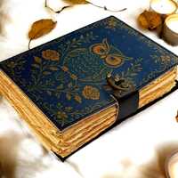 Blue Owl Leather Journal &ndash; Vintage Handmade Notebook with Lock | Embossed Owl Diary | Refillab