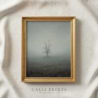 Minimalist Owl Printable Wall Art, Quiet Foggy Tree Landscape Digital Download