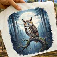 Horned Owl PNG on Moonlit Branch - Mystical Forest Wildlife Digital Art for Sublimation Crafts