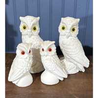 4 Vintage White Alabaster Stone Horned Owl Figurines Red Yellow Eyes Made Italy