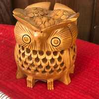 Carved Wooded Triple Owl Figurine New