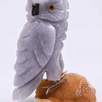 White Onyx Owl on Orange Calcite Cluster Base Natural Had Carved 103mm 270g Collectible Gemstone Cry