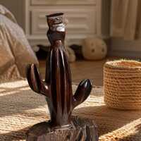 Hand-Carved Ironwood Saguaro Cactus Figurine with Owl