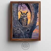 Rustic Great Horned Owl Print, Moody Wildlife Art, Textured Oak Tree Painting, Nature Cabins Decor, 