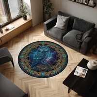 Mystical Owl Round Rug, Celtic Knot Galaxy Design, Teal Home Decor