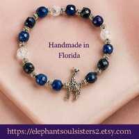 Giraffe, Owl or Cross Charm Bracelet, Dark Blue Cracked Glass Beads, Silver Accents