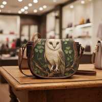 Barn Owl Art Saddle Bag &ndash; PU Leather Crossbody Purse, Vintage Forest Green Flap Bag