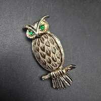 Owl Bird Brooch Brown Belly Green Rhinestone Eyes Gold Tone Animal Vintage