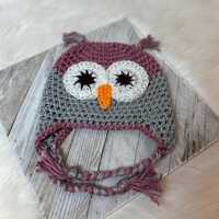 Girls Owl Hat, Gray and Plum Wine, Preemie to adult hat, photo prop, toddler winter hat, baby shower