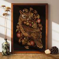 Owl and Roses Art Print: Botanical Bird Poster, Owl Wall Decor, Folk Nature illustration