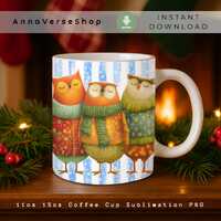 Christmas Owls Mug Wrap PNG, Cozy Winter Owls Cup Design, 11oz 15oz Sublimation Wrap, Cute Sweater O