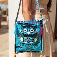 Owl Pattern Kilim Crossbody Bag: Anatolian Boho Heybe Bag, Ethnic Crossbody Bag, Unique Purse, Perso
