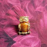 Vintage Orange Enameled Owl Rhinestone Eyes Tack Tie Pin