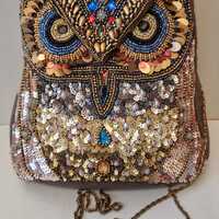 Luxury Beaded Owl Evening Bag &bull; Hand-Embellished Art Purse &bull; Couture Sequin Clutch with Ch