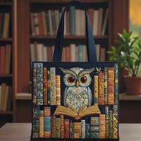 Owl Reading Books Quilt Tote Bag, Quilted Style Library Tote, Book Lover Gift for Women, Reading The