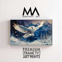 Moody Winter Owl Family Frame TV Art, Snowy Owls in Flight, Atmospheric Cabin Decor, Digital Downloa