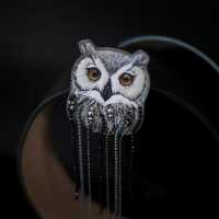 Embroidered Owl Brooch with crystals and chains - Christmas gift for bird lovers