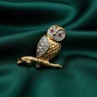 Crystal Owl Brooch, Gold Plated Bird Pin, Ruby Eye Owl, 925 Sterling Silver