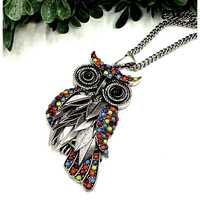 Colorful Owl Pendant Necklace With Silver-Tone Chain and Multicolor Beads Long