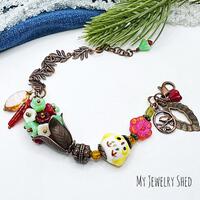 Cottagecore Woodland Charm Bracelet, Ceramic Owl & Floral Beads