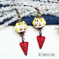 Cottagecore Woodland Owl Earrings, Czech Glass Hearts