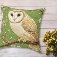 Barn Owl Throw Pillow, *FAUX* Embroidery Style Woodland Decor, Green Woodland Cottagecore Bird Cushi