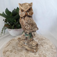 Ceramic Owl Figurine - Horned Owl on Stump with Leaves - Brown, Green, Black, Orange - 5 x 3 x 9 1/2