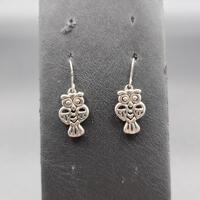 Sterling Silver Tarnished Owl Animal Dangle Earrings A6306