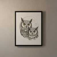 Moonlit Owl Print &ndash; Twin Owls, Rustic Woodland Canvas Art