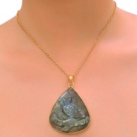 Hand Carved Owl Labradorite Pendant, Gold Vermeil Sterling Silver