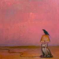 Owl Lamp with a Crow in the Desert at sunset PRINT 8”x 8”
