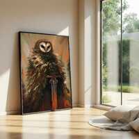 Majestic Owl Warrior Canvas, Fantasy Animal Art, Mythical Bird Painting, Medieval Sword Illustration