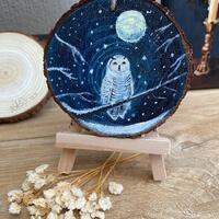Snowy Owl In The Snow | Unique Hand-Painted Ornament On Wood | Wall Hanging | Christmas Tree Ornamen