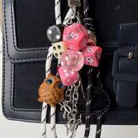 Owl Bag Charm with Pink Dices & Black Heart Rope