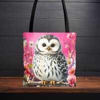 Pink Owl Tote Bag with Floral Art – Spring Owl Tote