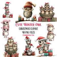 40 Cute Christmas Winter Owl Clipart Bundle, Holiday Owls, Bird Animals PNG Illustrations, Woodland 