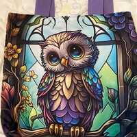 Whimsical Owl Tote Bag - Stained Glass Style Reusable Shopping or fashion tote