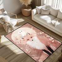 Whimsical Fox And Owl Rug, Cottagecore Nursery Decor Floor Mat, Woodland Animal Best Friends Area Ru